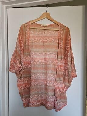 painted threads Coral and Cream Patterned Open-Front Kimono Tunic